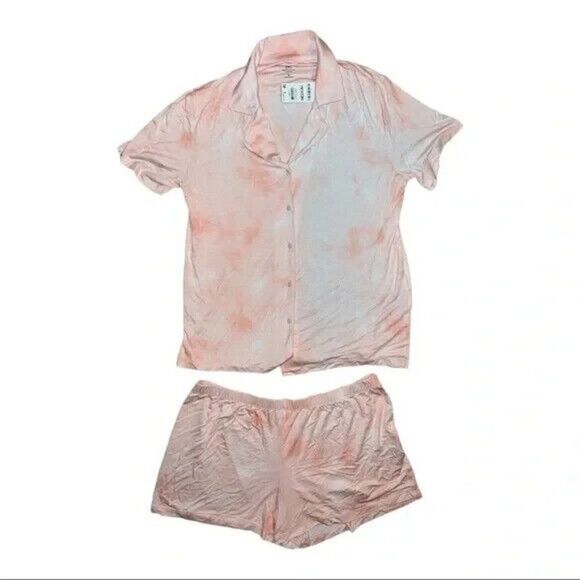 INC Women's Pink Tie-Dye Button Down Top & Shorts Pajama Set Extra Small NWT - Picture 1 of 5